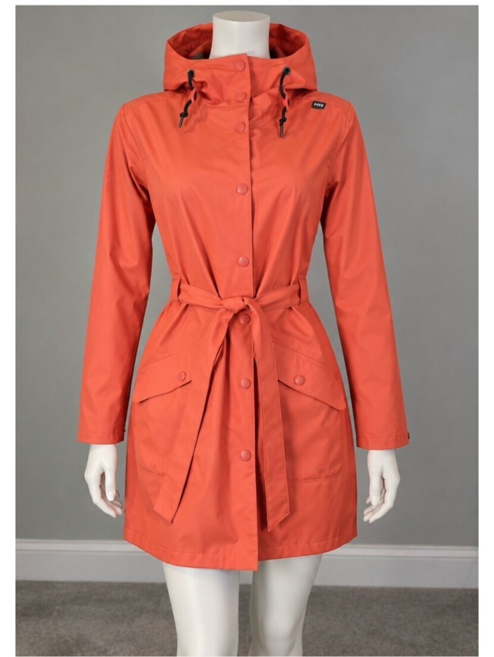 Helly Hansen Women’s Orange Hooded Belted Rain Coat Jacket Size L